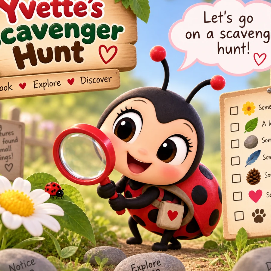Yvette the ladybug ready for a scavenger hunt