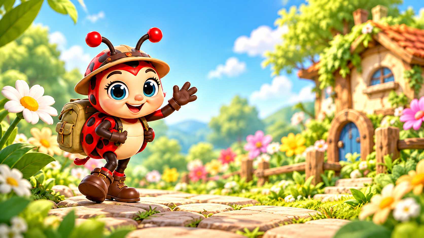 Yvette waving hello in a sunny garden